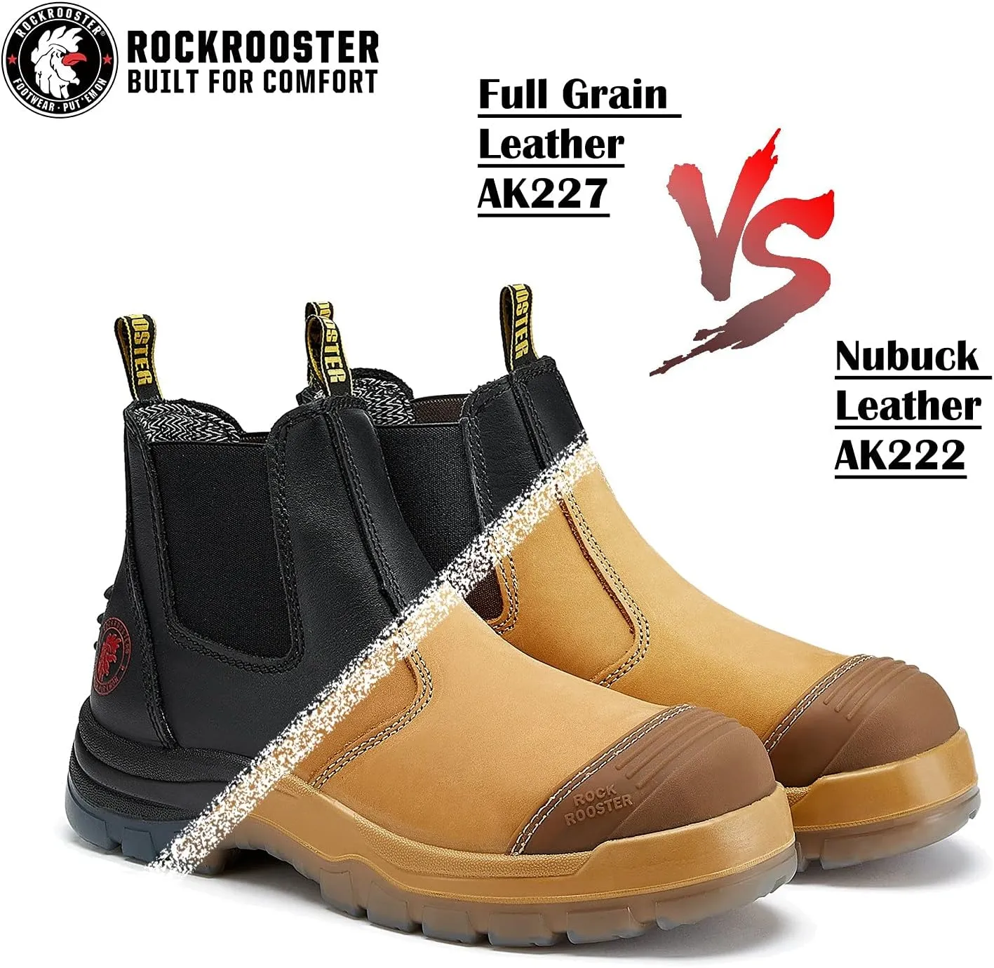 ROCKROOSTER Gammon Work Boots for Men, 6" Steel Toe Chelsea Boots, Wheat Safety Slip On Boots, Anti-fatigue, Nubuck Leather, Non slip, Breathable, Comfort, AK222