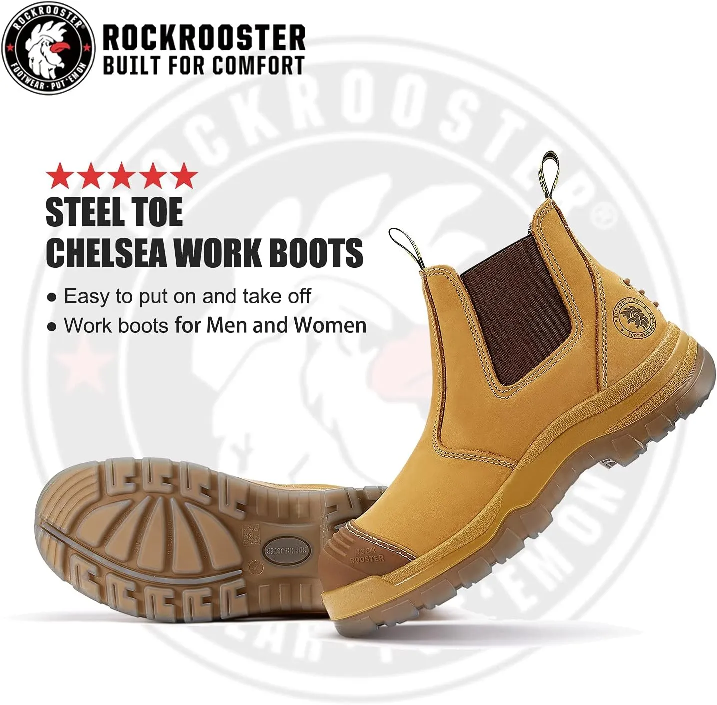 ROCKROOSTER Gammon Work Boots for Men, 6" Steel Toe Chelsea Boots, Wheat Safety Slip On Boots, Anti-fatigue, Nubuck Leather, Non slip, Breathable, Comfort, AK222