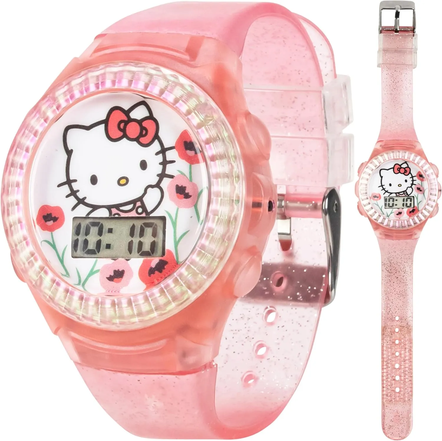 Sanrio Hello Kitty Kids LCD Watch  Pink Glitter Strap, Transparent Case, Iridescent Bezel, Digital Display, Cute Floral Printed Dial, Adjustable Fit, Perfect for Girls  Fits Wrists 5.5 to 8