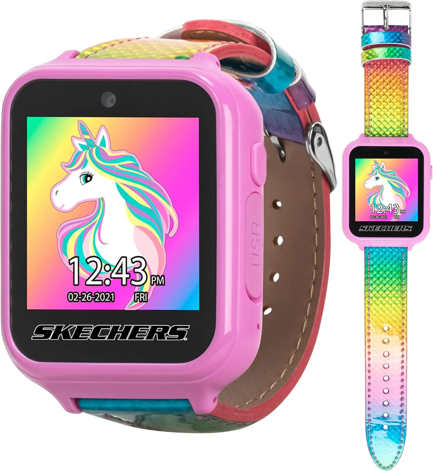 Skechers Kids Smart Watch with Rainbow Iridescent Strap, Games, Camera, & Fitness Tracker  Fun & Colorful Digital Watch with Touchscreen, Alarm, and Step Counter, Perfect for Everyday Wear and Play