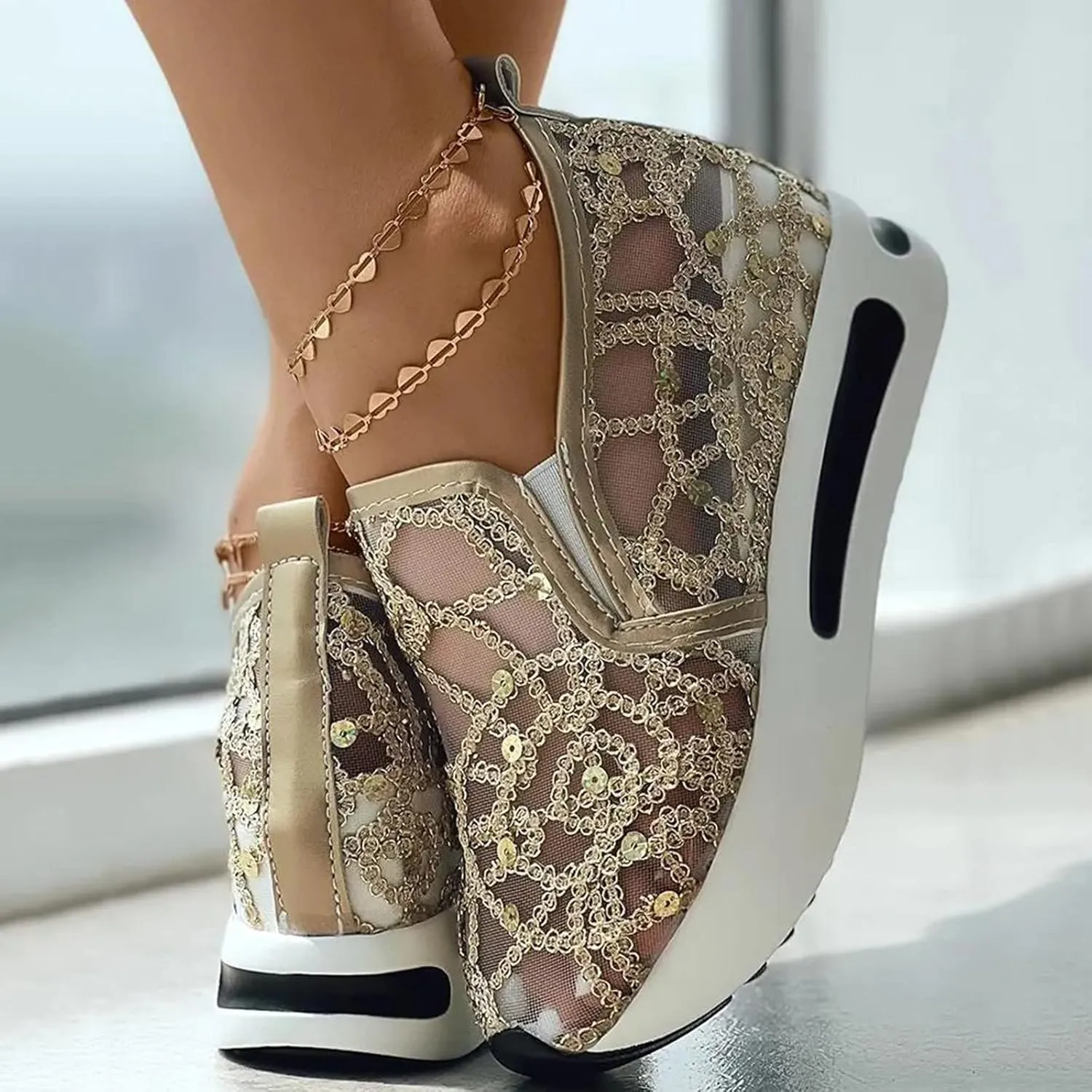 Sneakers for Women Fashion Breathable Running Shoes Women's Walking Slip On Sneakers Wedge Platform Shoes with Arch Support