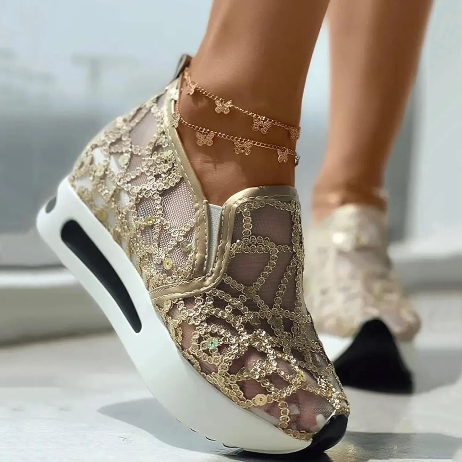 Sneakers for Women Fashion Breathable Running Shoes Women's Walking Slip On Sneakers Wedge Platform Shoes with Arch Support