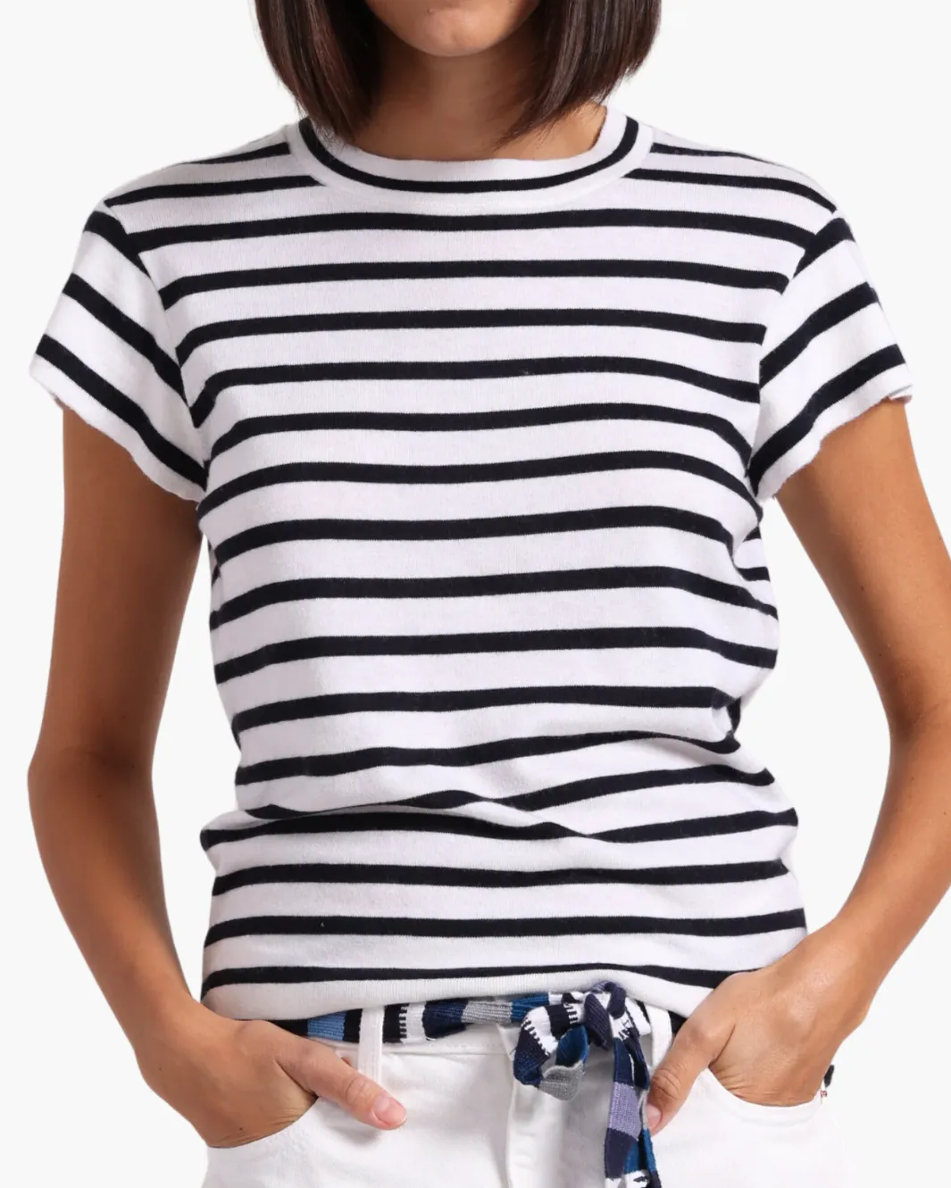 SUPIMA COTTON CASHMERE STRIPED CREW IN WHITE/NAVY