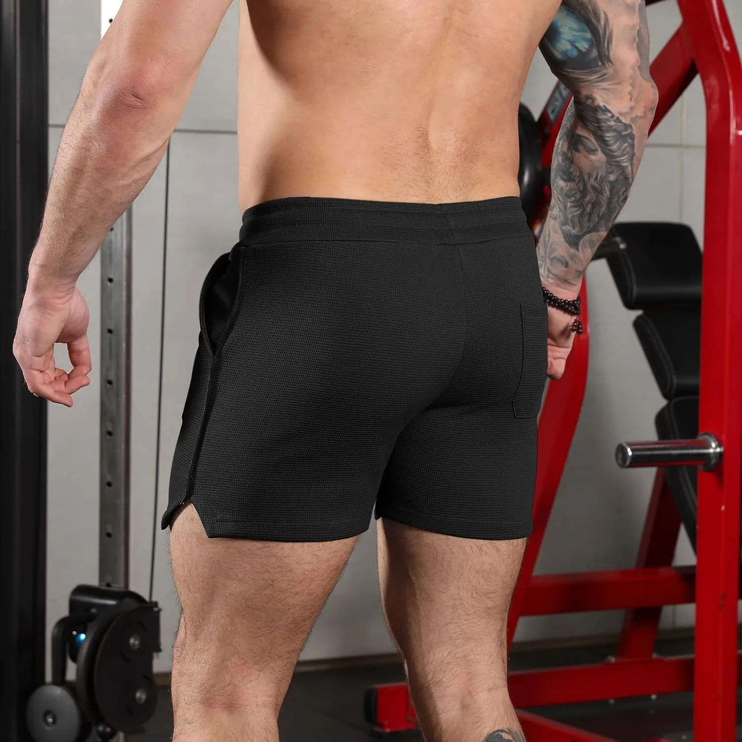 Surenow Mens Waffle Gym Shorts Drawstring Workout Shorts Bodybuilding Athletic Lightweight Breathable Shorts with Pockets
