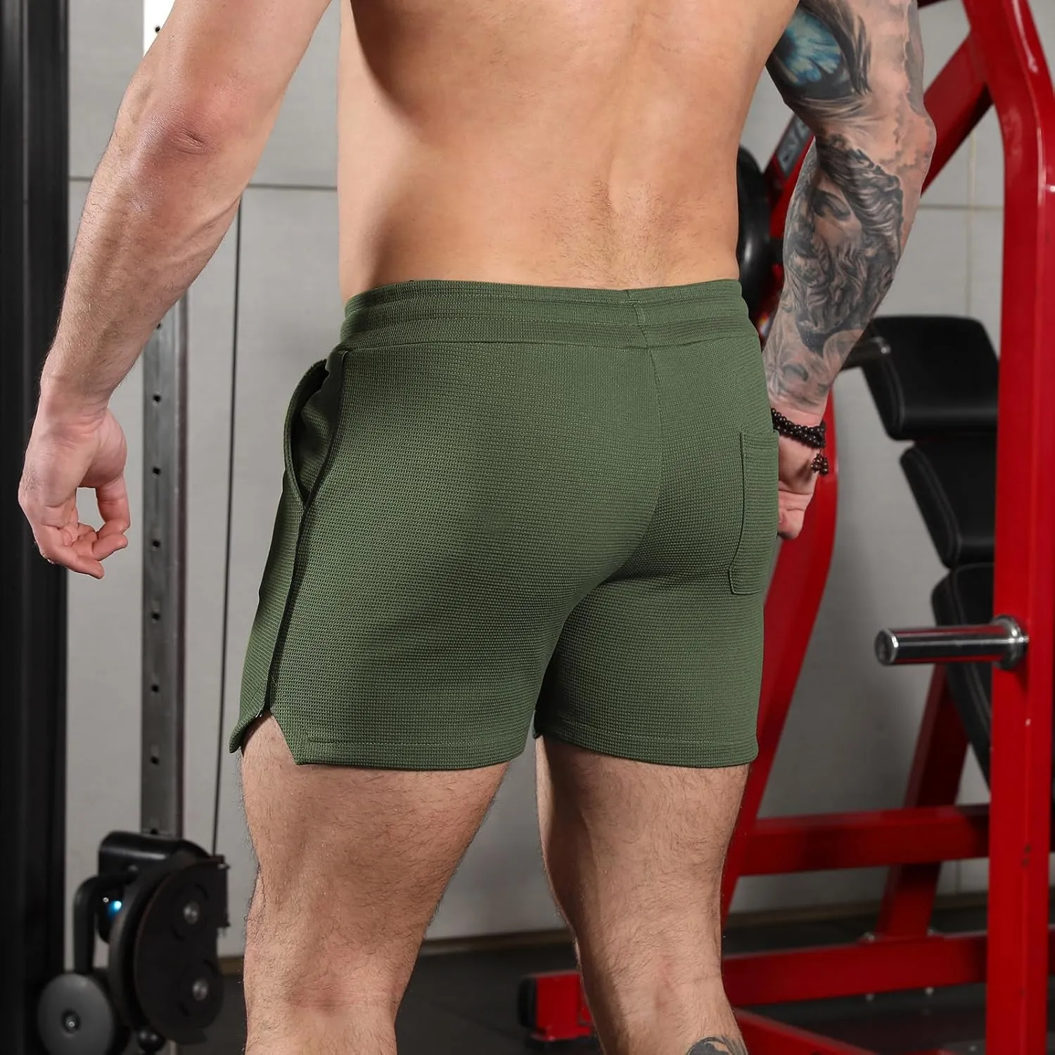 Surenow Mens Waffle Gym Shorts Drawstring Workout Shorts Bodybuilding Athletic Lightweight Breathable Shorts with Pockets
