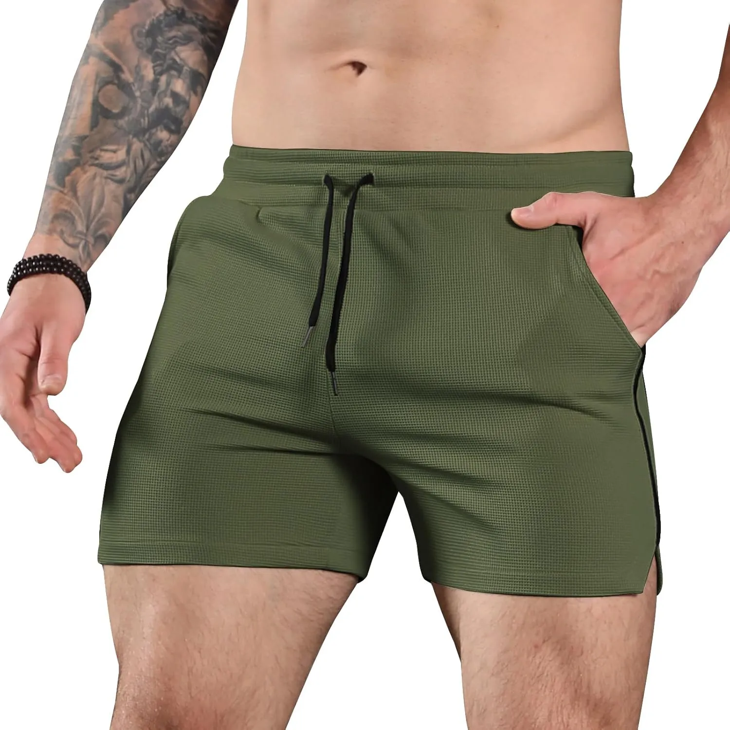 Surenow Mens Waffle Gym Shorts Drawstring Workout Shorts Bodybuilding Athletic Lightweight Breathable Shorts with Pockets