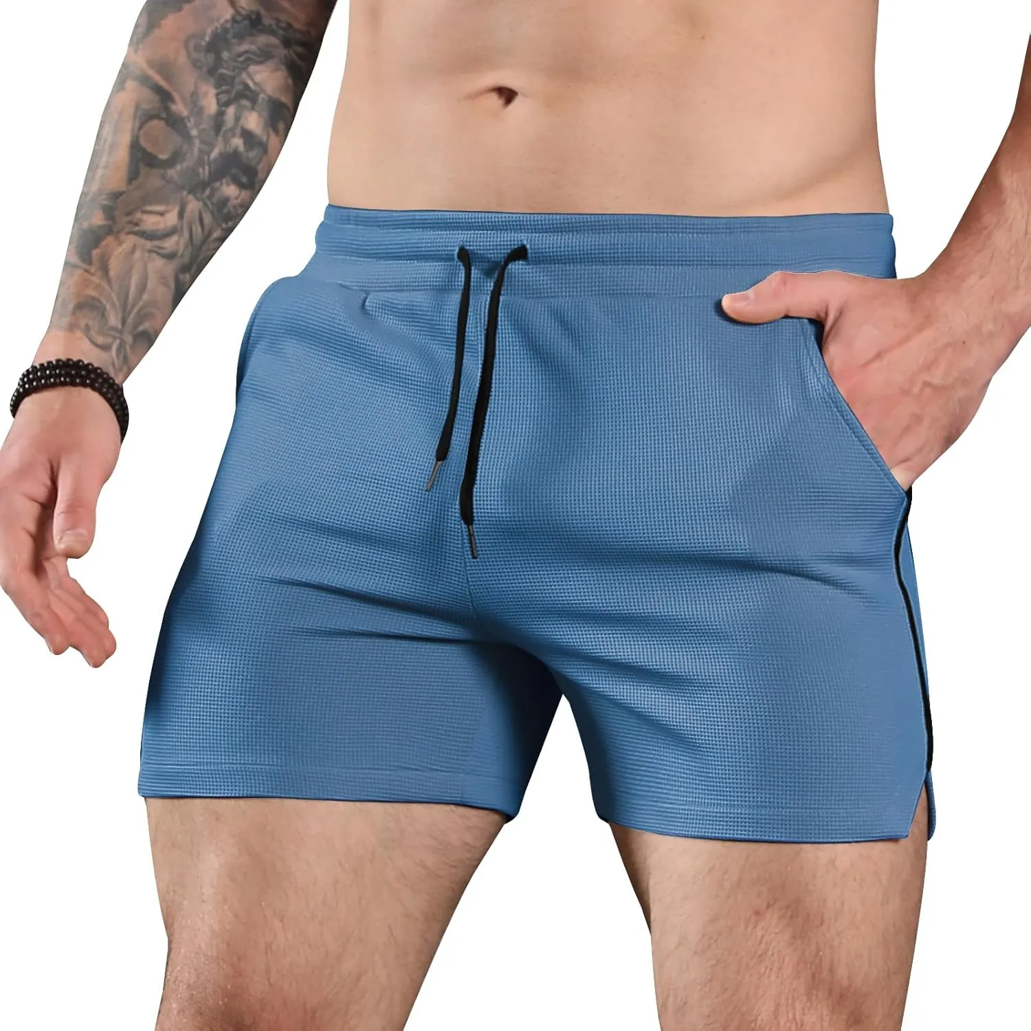 Surenow Mens Waffle Gym Shorts Drawstring Workout Shorts Bodybuilding Athletic Lightweight Breathable Shorts with Pockets