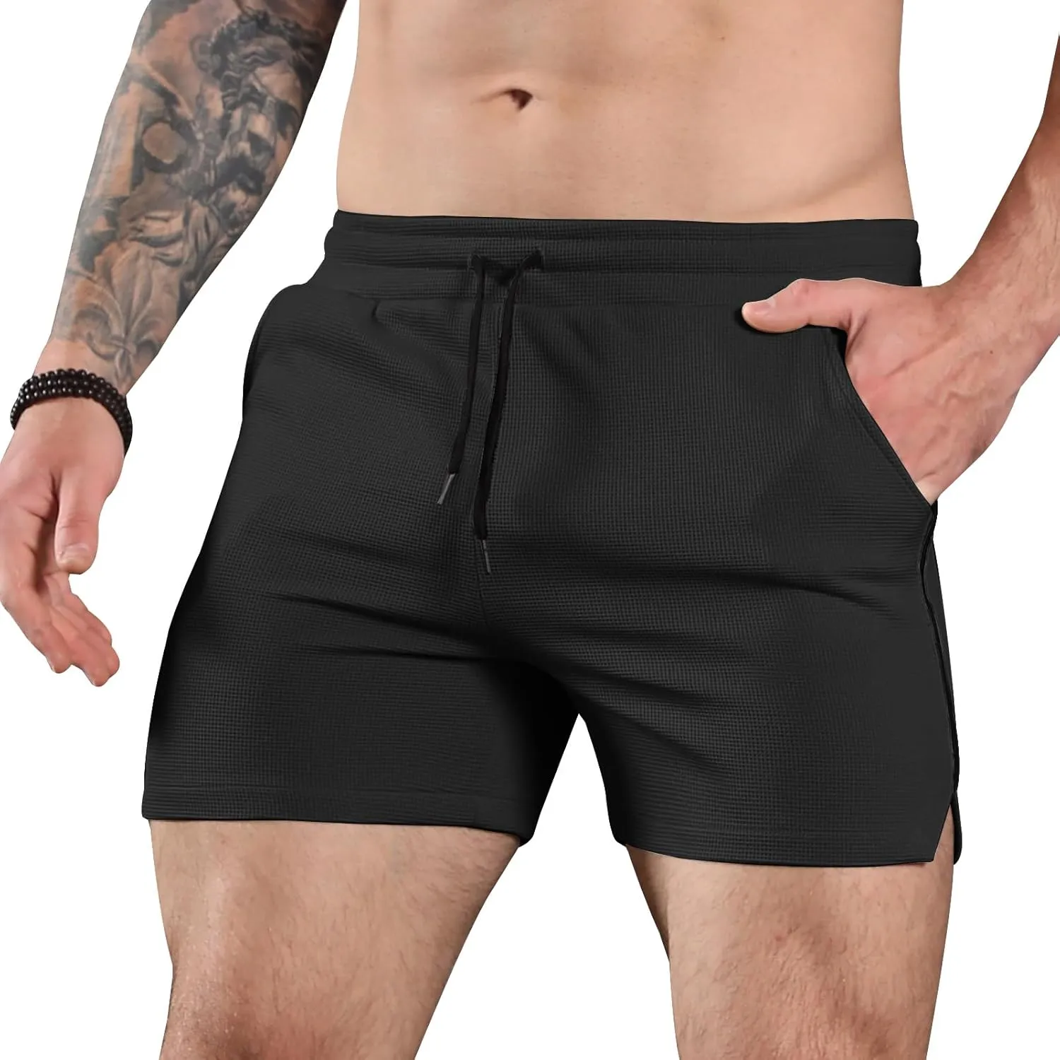 Surenow Mens Waffle Gym Shorts Drawstring Workout Shorts Bodybuilding Athletic Lightweight Breathable Shorts with Pockets