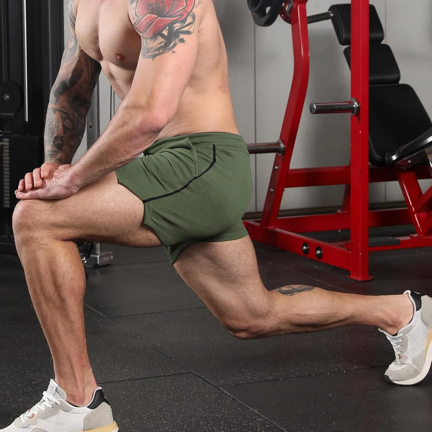 Surenow Mens Waffle Gym Shorts Drawstring Workout Shorts Bodybuilding Athletic Lightweight Breathable Shorts with Pockets