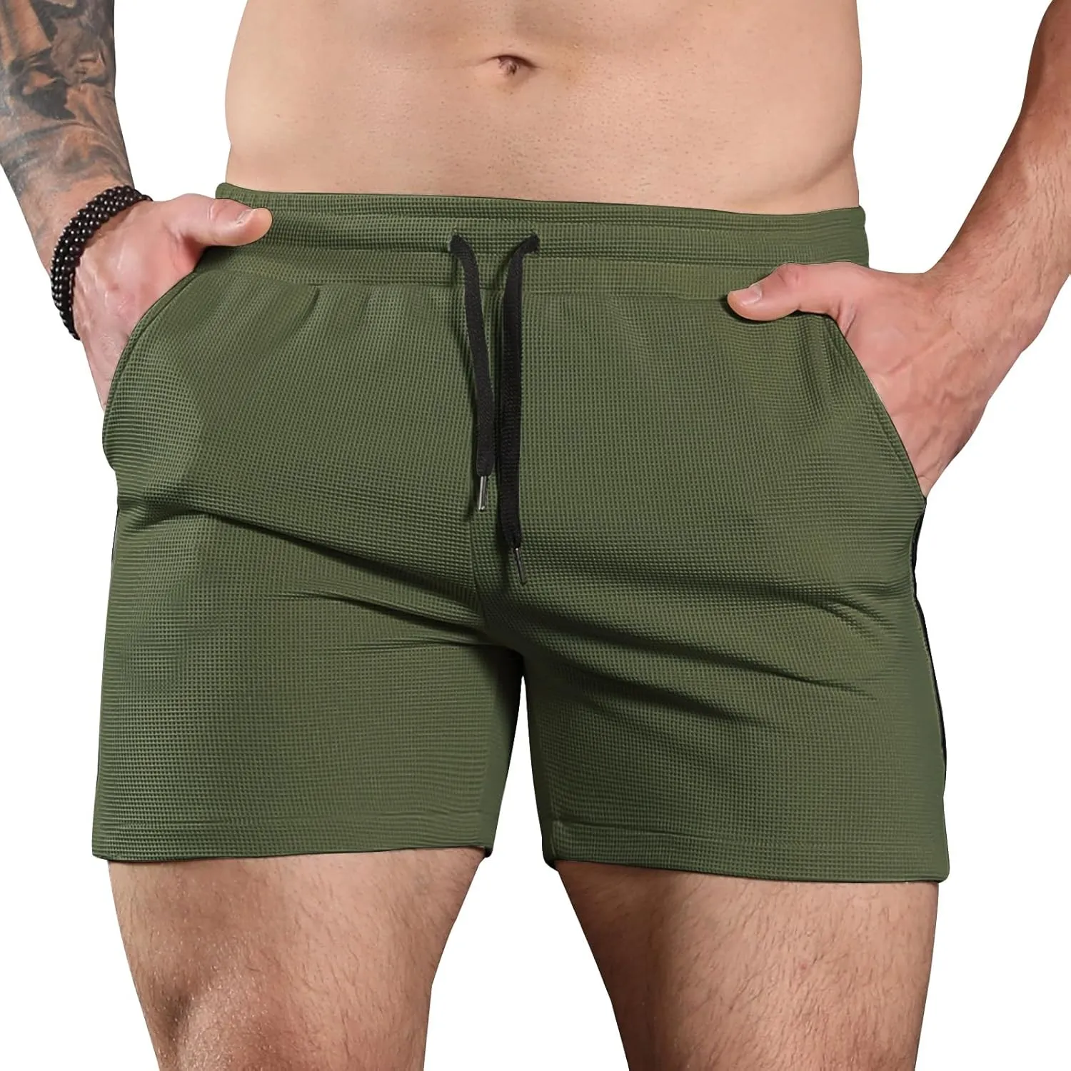 Surenow Mens Waffle Gym Shorts Drawstring Workout Shorts Bodybuilding Athletic Lightweight Breathable Shorts with Pockets