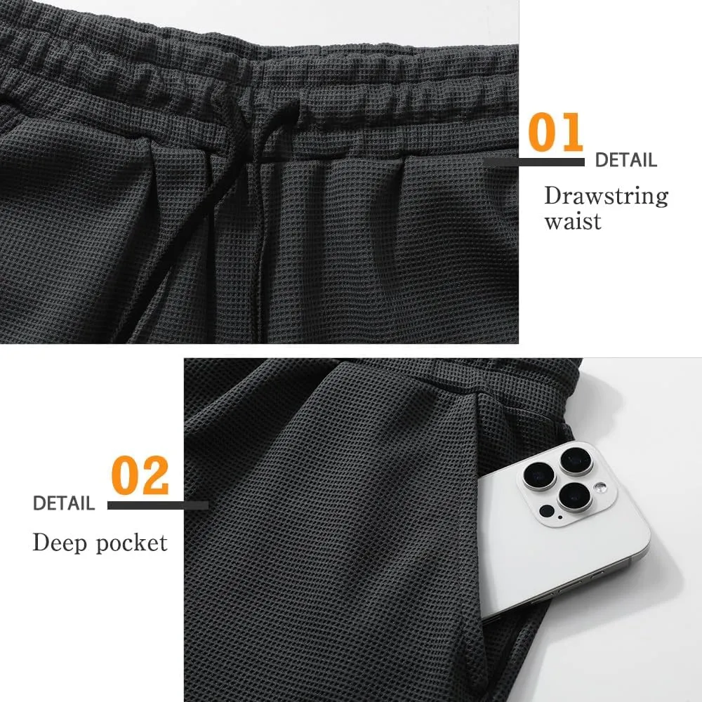 Surenow Mens Waffle Gym Shorts Drawstring Workout Shorts Bodybuilding Athletic Lightweight Breathable Shorts with Pockets