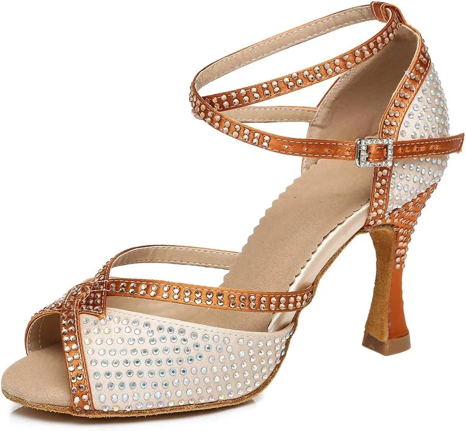 SWDZM Rhinestone Dance Shoes Women Latin Salsa Ballroom Bachata Performance Practice Dancing Shoes,Model-YCL450