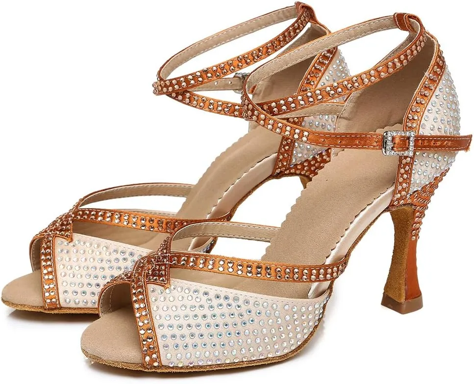 SWDZM Rhinestone Dance Shoes Women Latin Salsa Ballroom Bachata Performance Practice Dancing Shoes,Model-YCL450