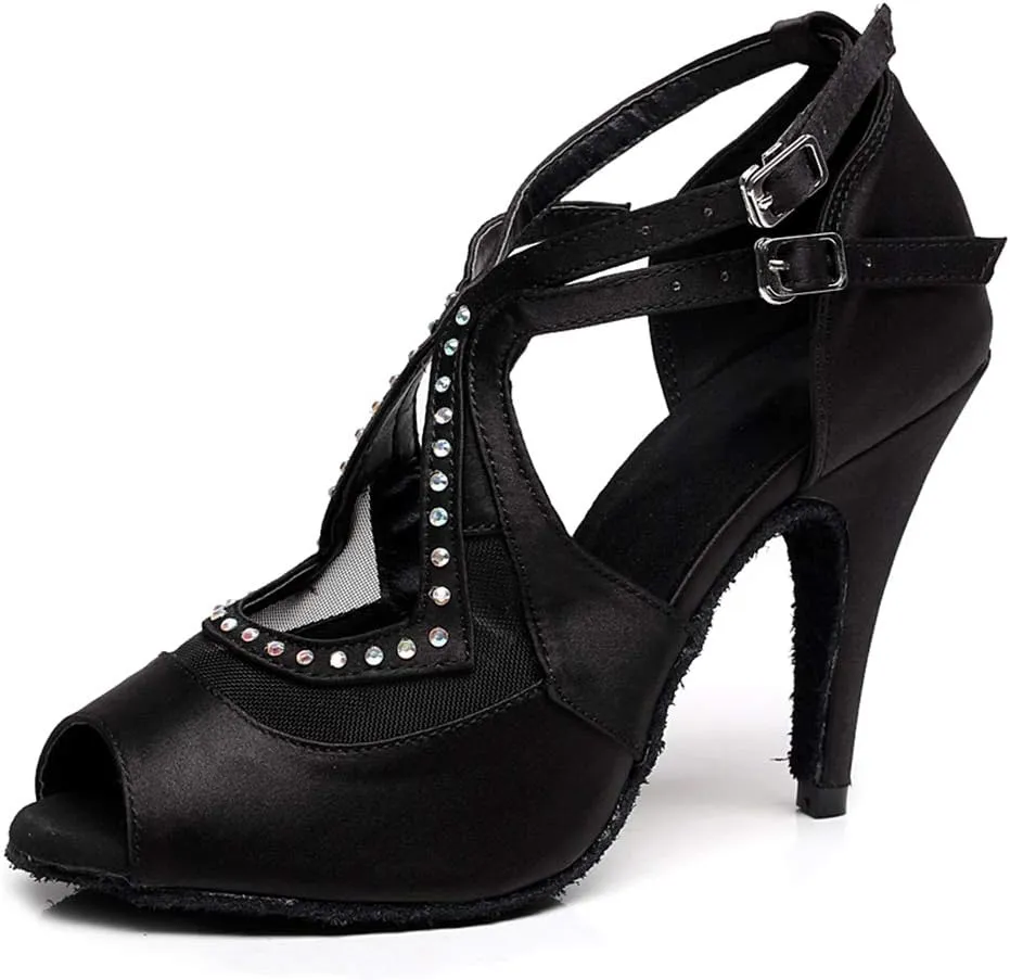 SWDZM Rhinestones Ballroom Dance Shoes Women Latin Salsa Bachata Performance Dance Shoes Suede Soles,Model-QJW5014
