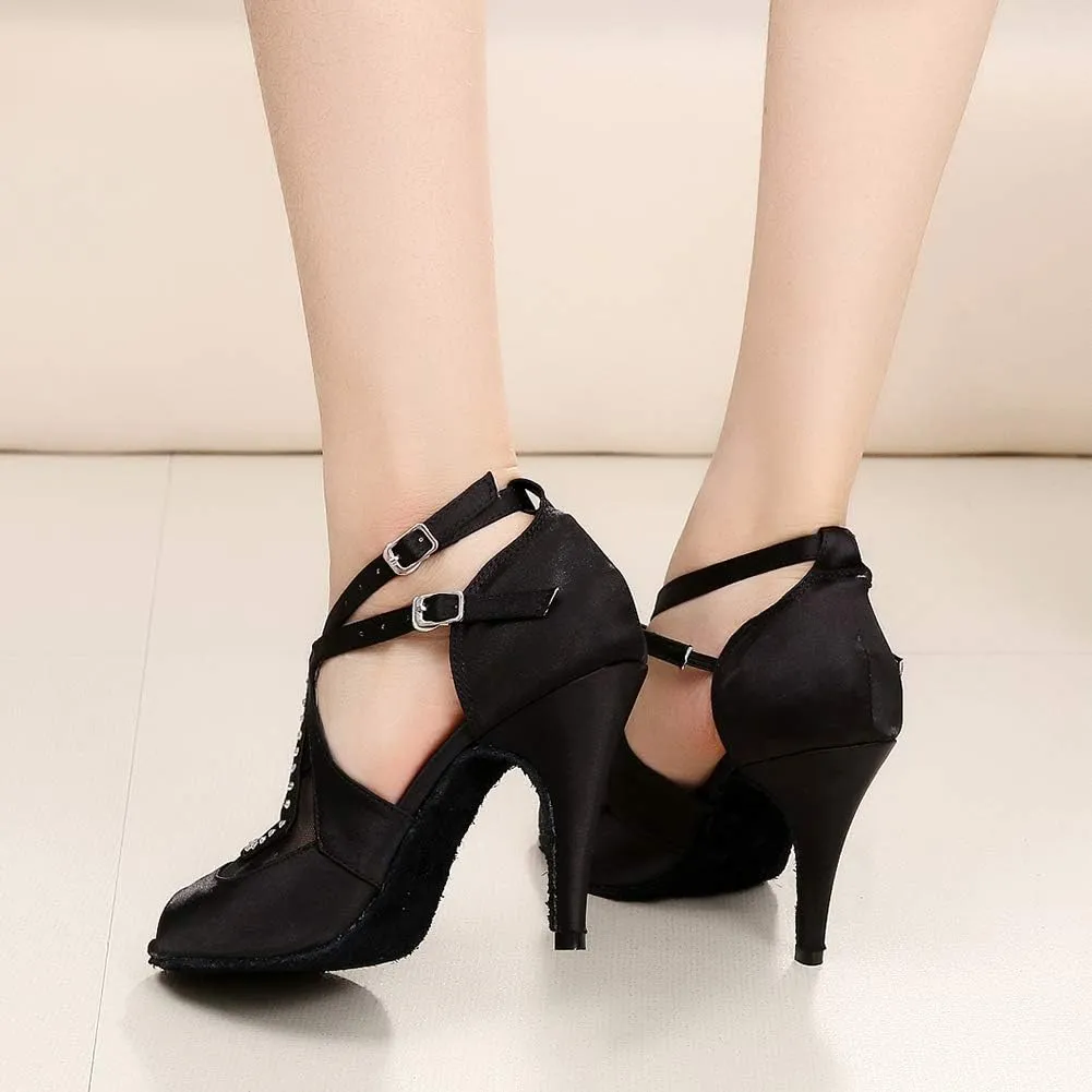 SWDZM Rhinestones Ballroom Dance Shoes Women Latin Salsa Bachata Performance Dance Shoes Suede Soles,Model-QJW5014