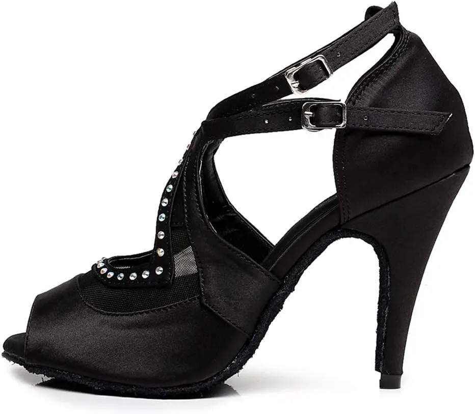 SWDZM Rhinestones Ballroom Dance Shoes Women Latin Salsa Bachata Performance Dance Shoes Suede Soles,Model-QJW5014