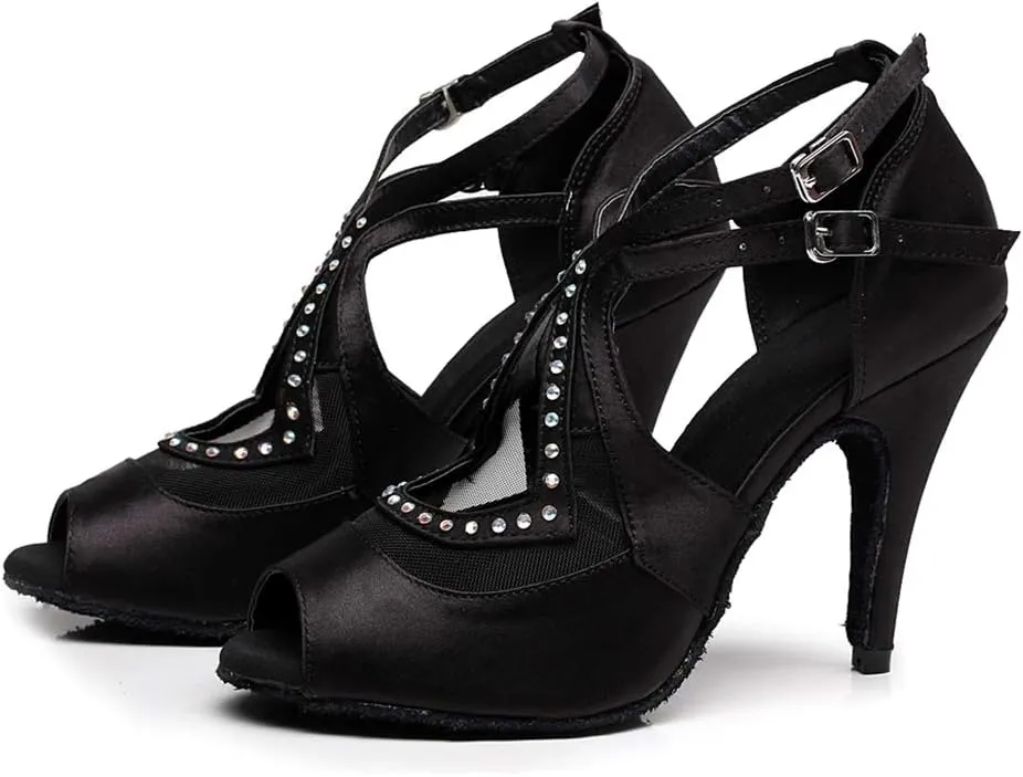 SWDZM Rhinestones Ballroom Dance Shoes Women Latin Salsa Bachata Performance Dance Shoes Suede Soles,Model-QJW5014