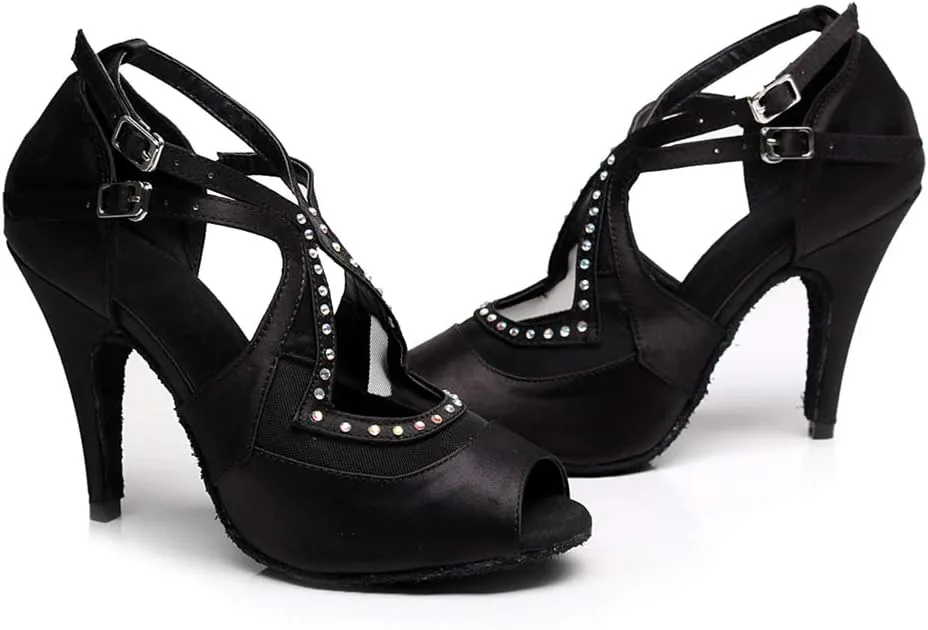 SWDZM Rhinestones Ballroom Dance Shoes Women Latin Salsa Bachata Performance Dance Shoes Suede Soles,Model-QJW5014