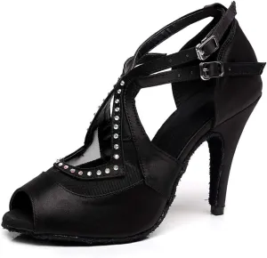 SWDZM Rhinestones Ballroom Dance Shoes Women Latin Salsa Bachata Performance Dance Shoes Suede Soles,Model-QJW5014