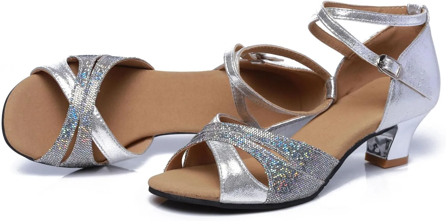 SWDZM Women's Open Toe Latin Dance Shoes Sequins Salsa Batchata Ballroom Party Dancing Shoes