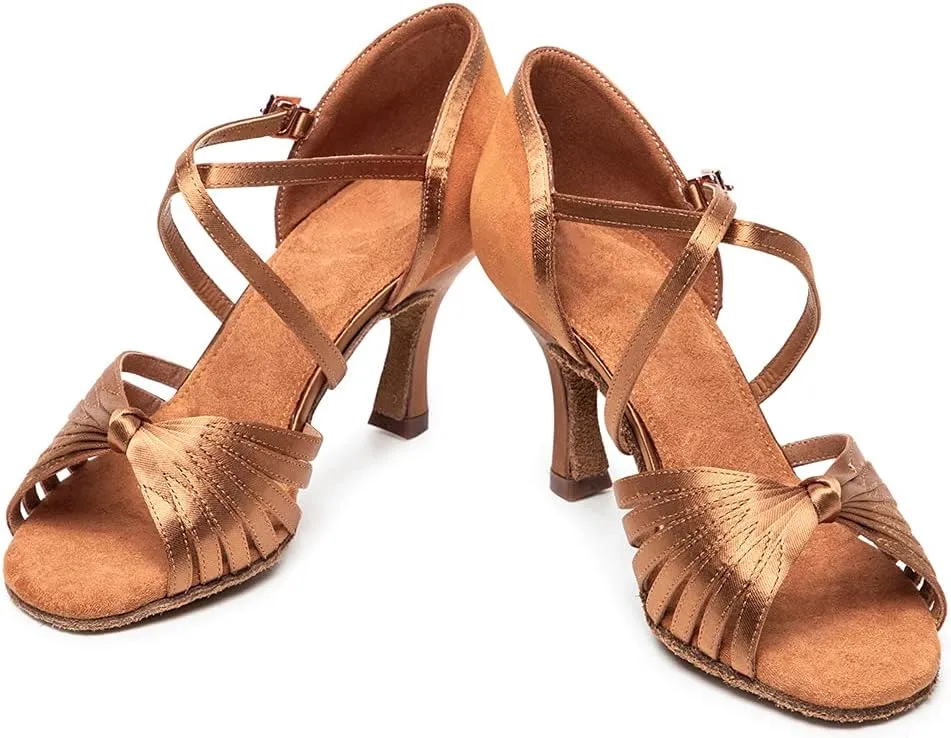 TINRYMX Women Latin Dance Shoes Suede Ballroom Open Toe Salsa Tango Performance Practice Dance Shoes, WDL-A006-5.5CM-Brown PJ, 4.5 B (M) US