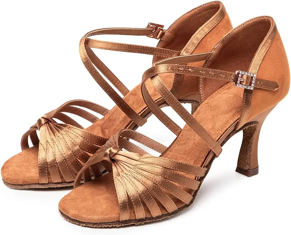 TINRYMX Women Latin Dance Shoes Suede Ballroom Open Toe Salsa Tango Performance Practice Dance Shoes, WDL-A006-5.5CM-Brown PJ, 4.5 B (M) US