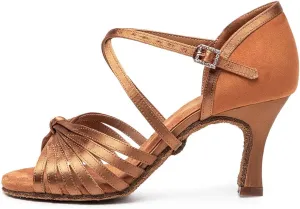 TINRYMX Women Latin Dance Shoes Suede Ballroom Open Toe Salsa Tango Performance Practice Dance Shoes, WDL-A006-5.5CM-Brown PJ, 4.5 B (M) US