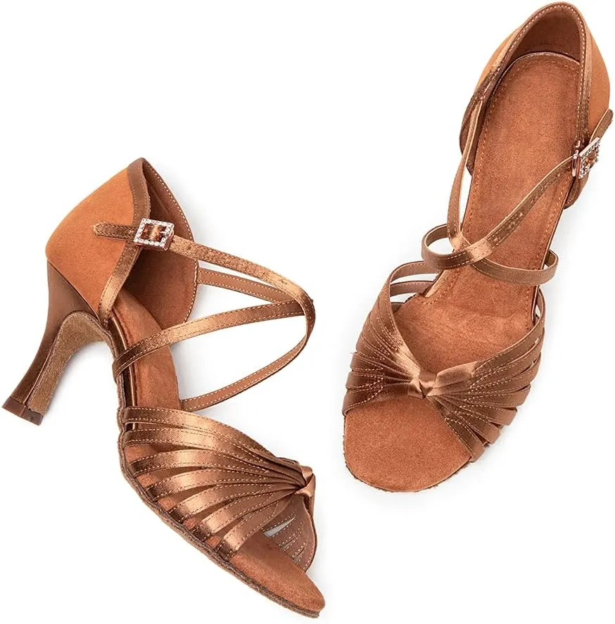 TINRYMX Women Latin Dance Shoes Suede Ballroom Open Toe Salsa Tango Performance Practice Dance Shoes, WDL-A006-5.5CM-Brown PJ, 4.5 B (M) US