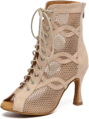 TINRYMX Women's Ballroom Dance Boots Mesh Ankle Dance Boots Open-Toe Performance Latin Salsa Dance Shoes, Model-YCL588