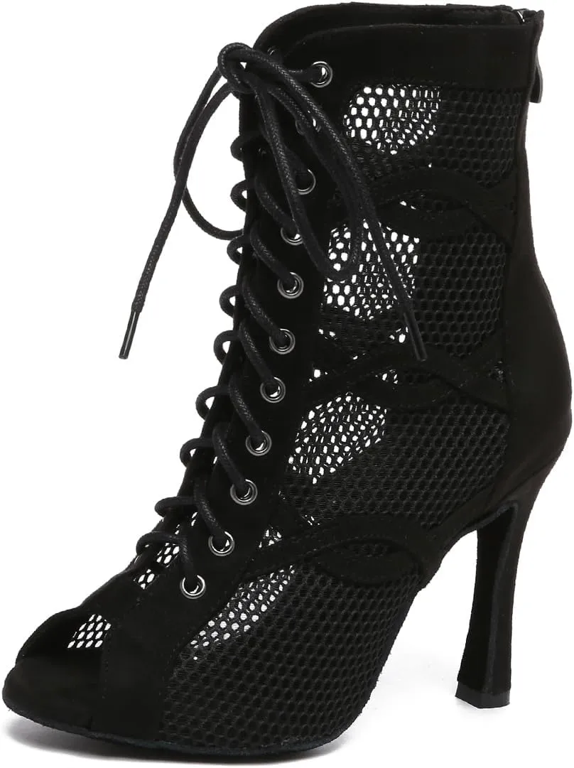TINRYMX Women's Ballroom Dance Boots Mesh Ankle Dance Boots Open-Toe Performance Latin Salsa Dance Shoes, Model-YCL588
