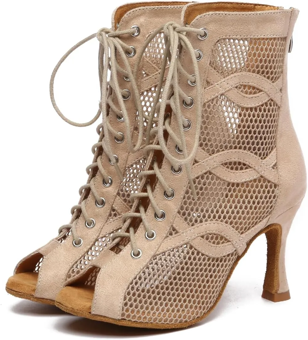 TINRYMX Women's Ballroom Dance Boots Mesh Ankle Dance Boots Open-Toe Performance Latin Salsa Dance Shoes, Model-YCL588