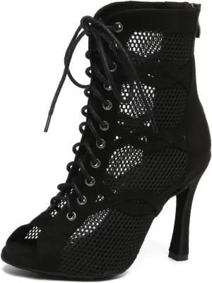 TINRYMX Women's Ballroom Dance Boots Mesh Ankle Dance Boots Open-Toe Performance Latin Salsa Dance Shoes, Model-YCL588