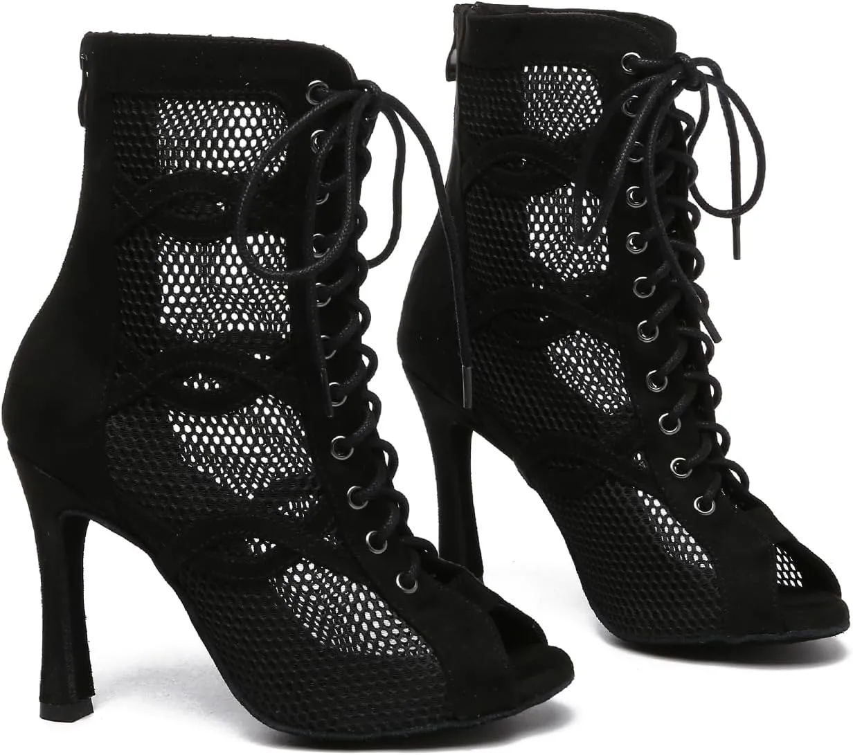 TINRYMX Women's Ballroom Dance Boots Mesh Ankle Dance Boots Open-Toe Performance Latin Salsa Dance Shoes, Model-YCL588