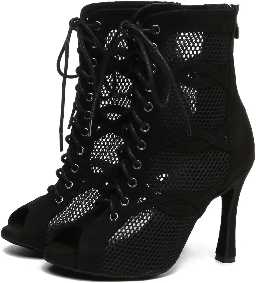 TINRYMX Women's Ballroom Dance Boots Mesh Ankle Dance Boots Open-Toe Performance Latin Salsa Dance Shoes, Model-YCL588