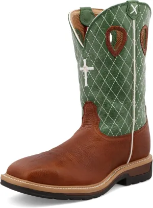 Twisted X Men's 12" Western Work Boot, Square Toe Steel Toe, Cognac Glazed Pebble & Lime, 9 D