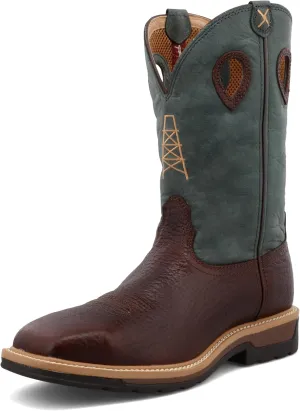 Twisted X Men's 12" Western Work Boot, Square Toe Steel Toe, Oiled Cognac & Blue, 8.5 EE