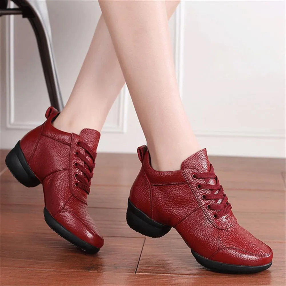VEACAM Women's Leather Practice Dancing Shoes Split-Sole Jazz Sneakers Comfort Casual Walking Exercise Dance Shoes