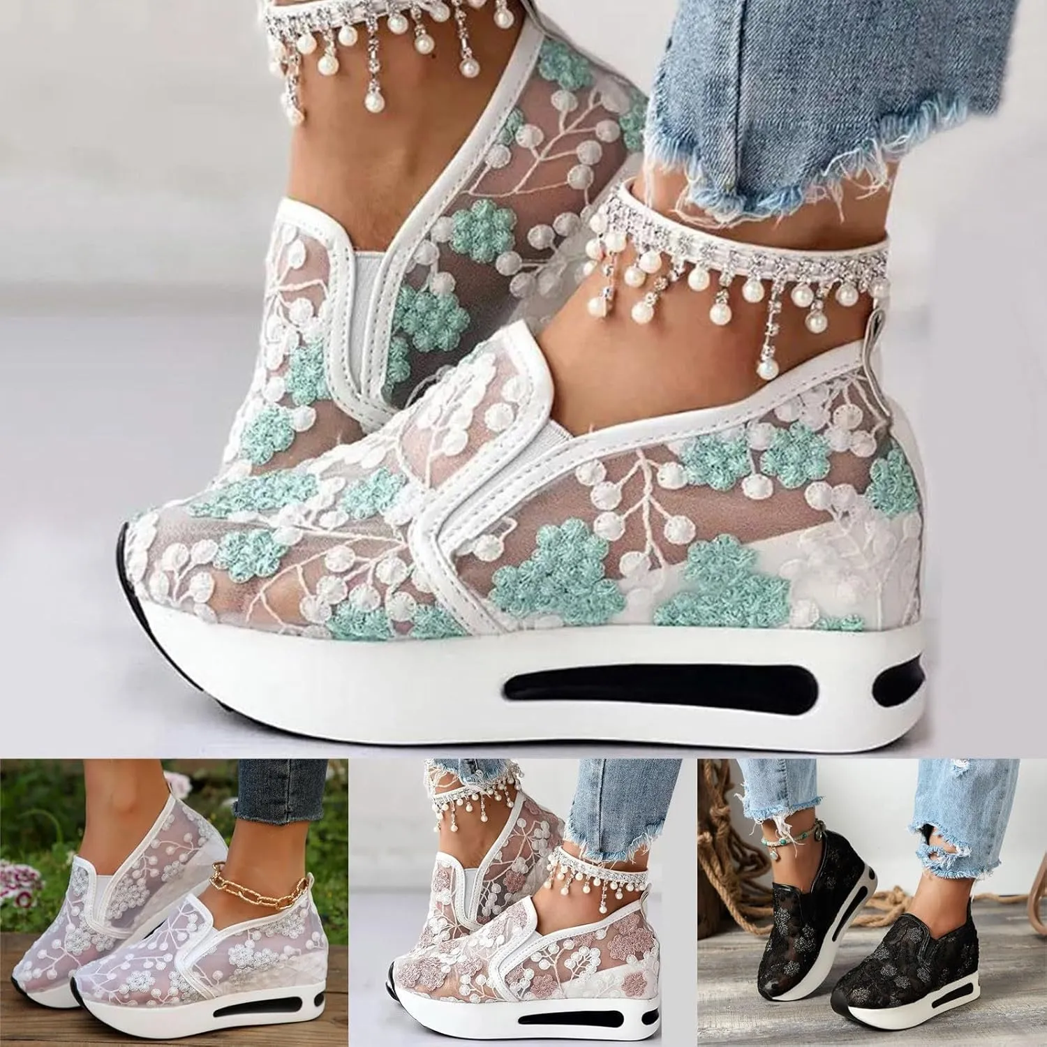 Walking Shoes Women Arch Support, Women Breathable Mesh Orthopedic Sneakers Wide Width Slip On Platform Sneakers Embroidery Comfortable Work Shoes for Plantar Fasciitis