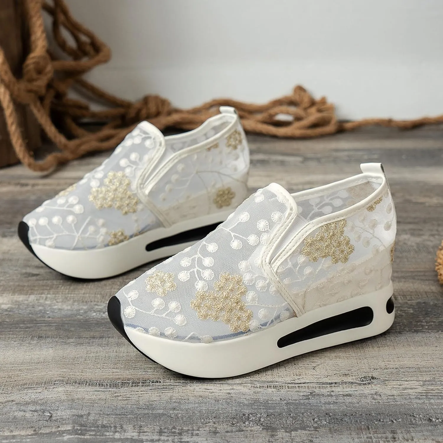 Walking Shoes Women Arch Support, Women Breathable Mesh Orthopedic Sneakers Wide Width Slip On Platform Sneakers Embroidery Comfortable Work Shoes for Plantar Fasciitis