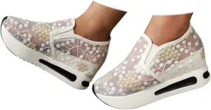 Walking Shoes Women Arch Support, Women Breathable Mesh Orthopedic Sneakers Wide Width Slip On Platform Sneakers Embroidery Comfortable Work Shoes for Plantar Fasciitis