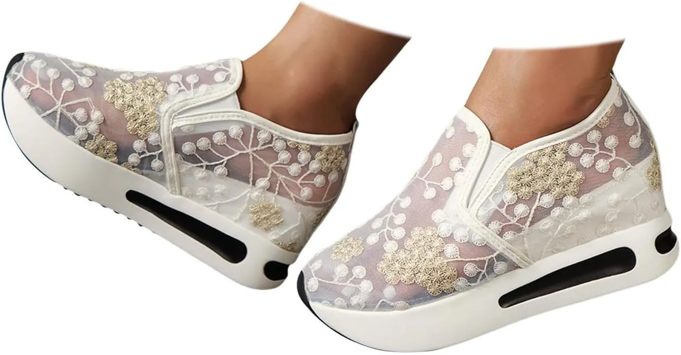 Walking Shoes Women Arch Support, Women Breathable Mesh Orthopedic Sneakers Wide Width Slip On Platform Sneakers Embroidery Comfortable Work Shoes for Plantar Fasciitis