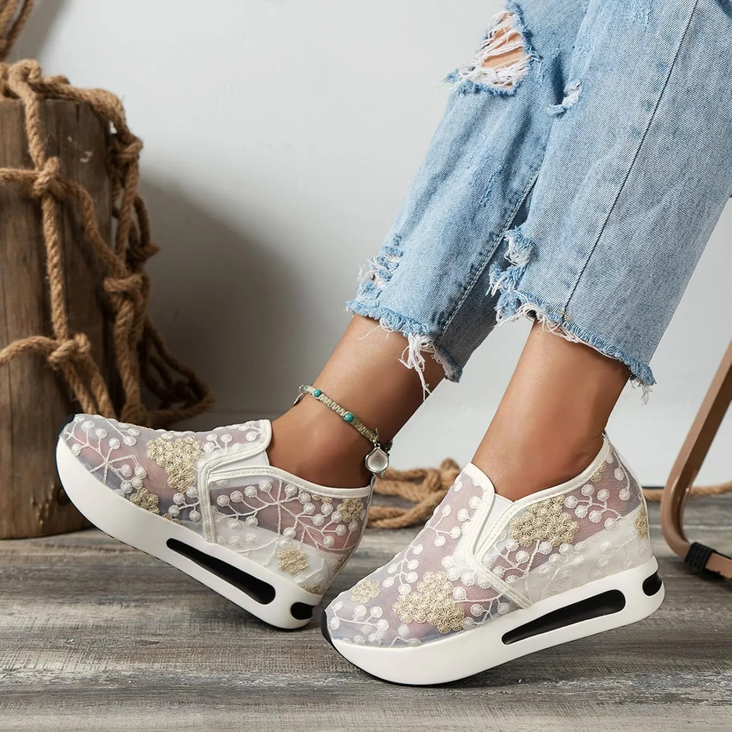 Walking Shoes Women Arch Support, Women Breathable Mesh Orthopedic Sneakers Wide Width Slip On Platform Sneakers Embroidery Comfortable Work Shoes for Plantar Fasciitis