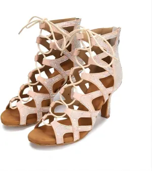 Women Ballroom Dance Boots Diamond-Encrusted Latin Salsa Jazz Tango Modern Practice Performance Dance Sandals