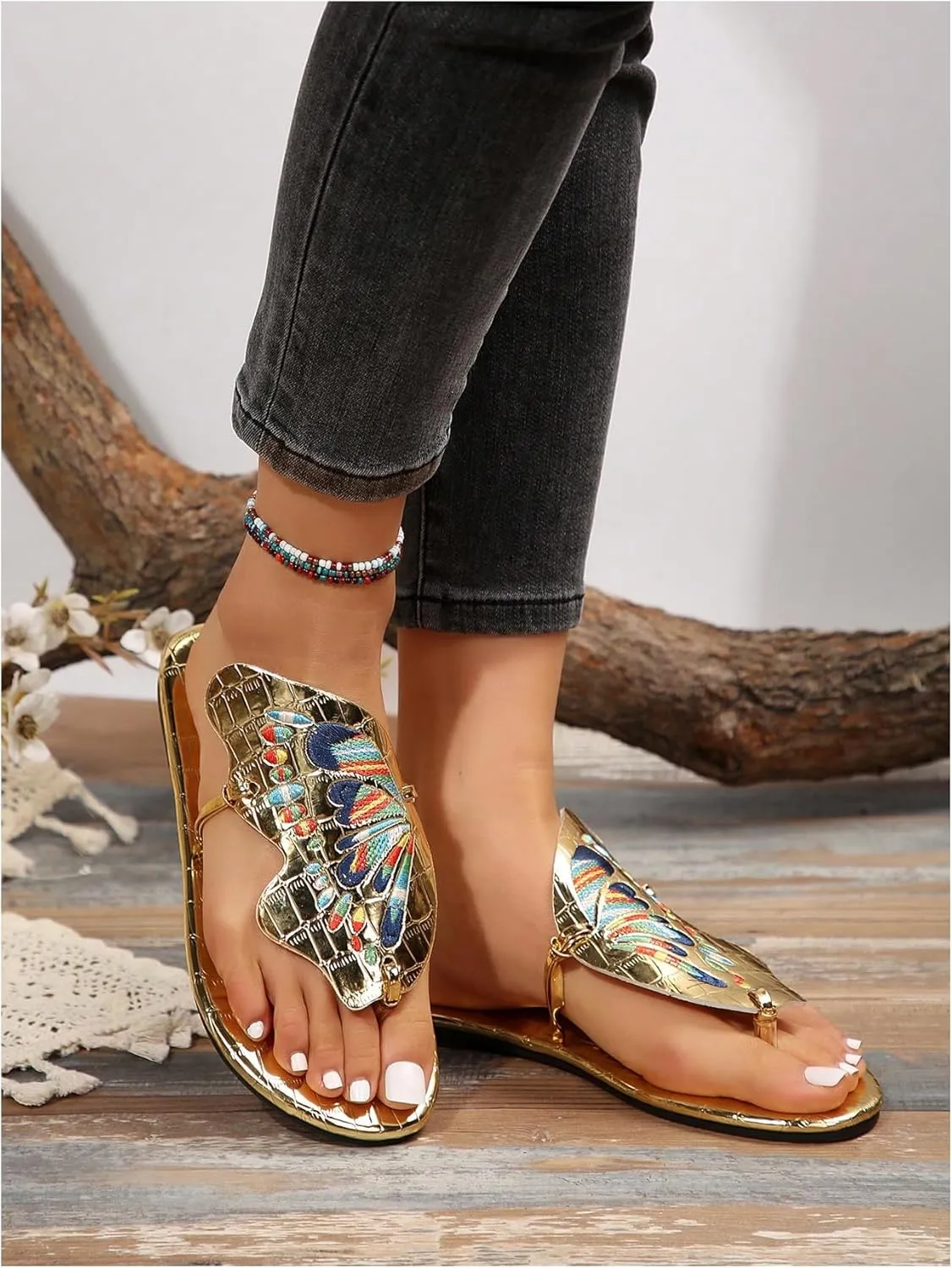 Women's Boho Butterfly Thong Sandals Metallic Open Toe Flip Flops Dressy Flat Sandals Casual Vacation Beach Slippers