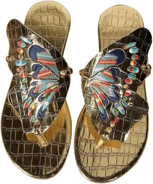 Women's Boho Butterfly Thong Sandals Metallic Open Toe Flip Flops Dressy Flat Sandals Casual Vacation Beach Slippers