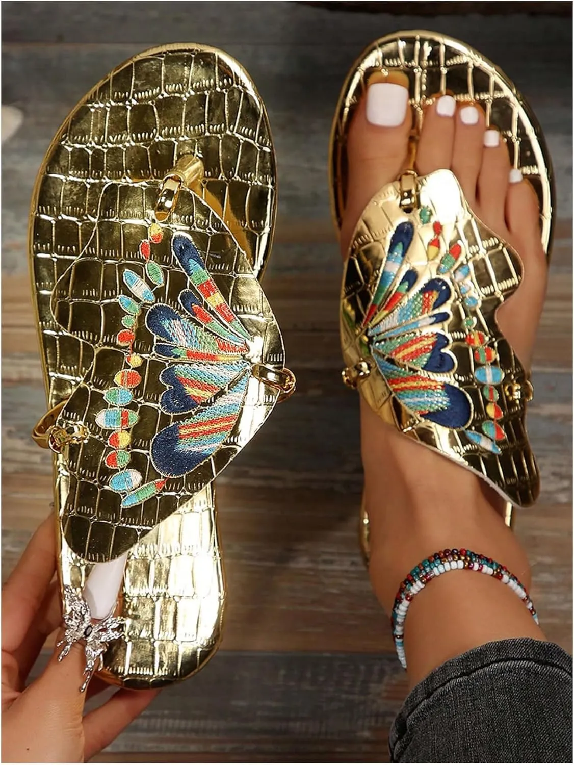 Women's Boho Butterfly Thong Sandals Metallic Open Toe Flip Flops Dressy Flat Sandals Casual Vacation Beach Slippers