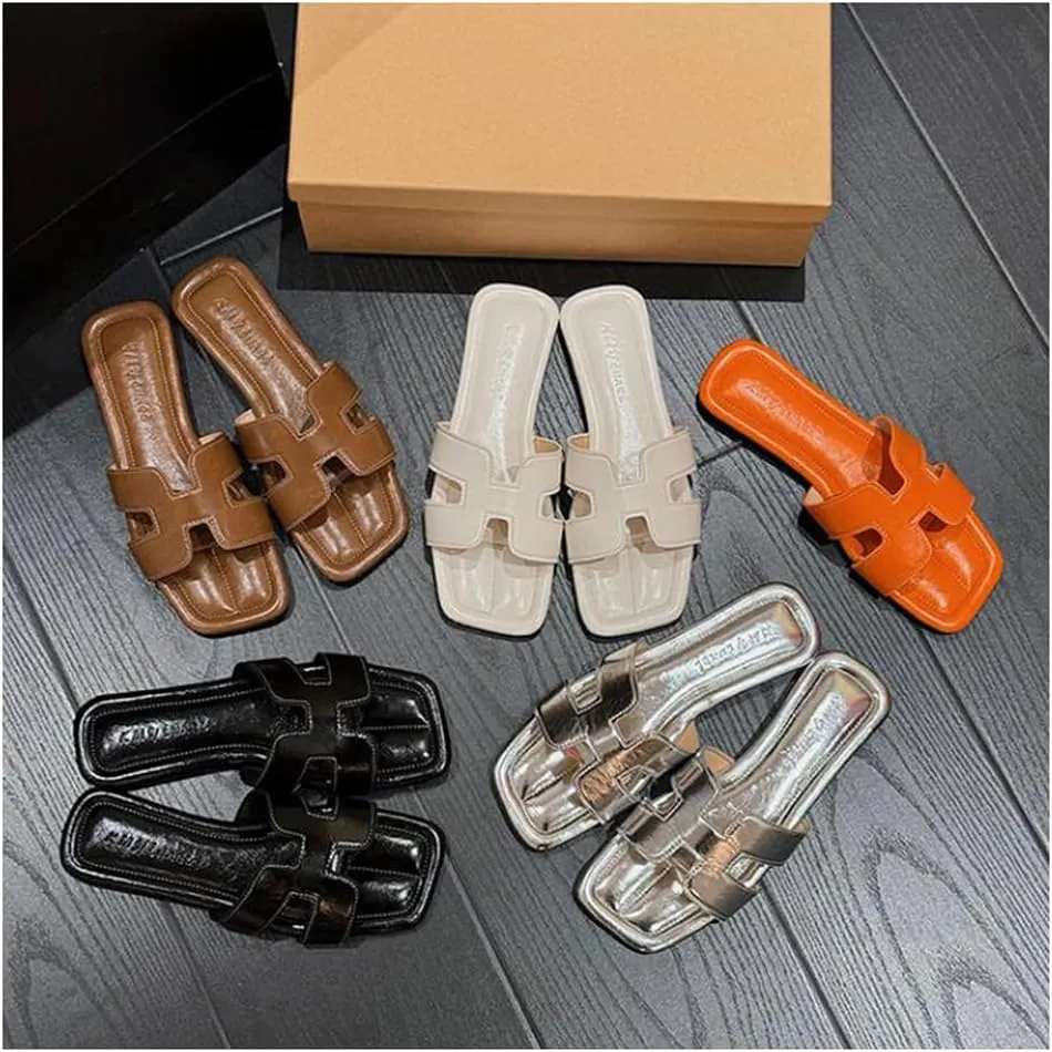 Women's Fashionable Beach Flat Flat Soft Leather Slippers for Women's Outdoor Wear Sandal,Casual Lightweight Shower Shoes,Indoor Outdoor Beach Slides Slippers