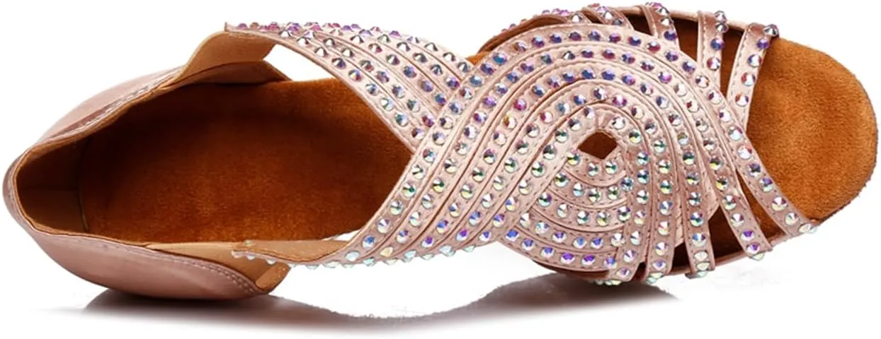 Women's Rhinestones Open Toe Elasticated Slip on Style Ballroom Tango Party Wedding Practice Performence Dance Shoes