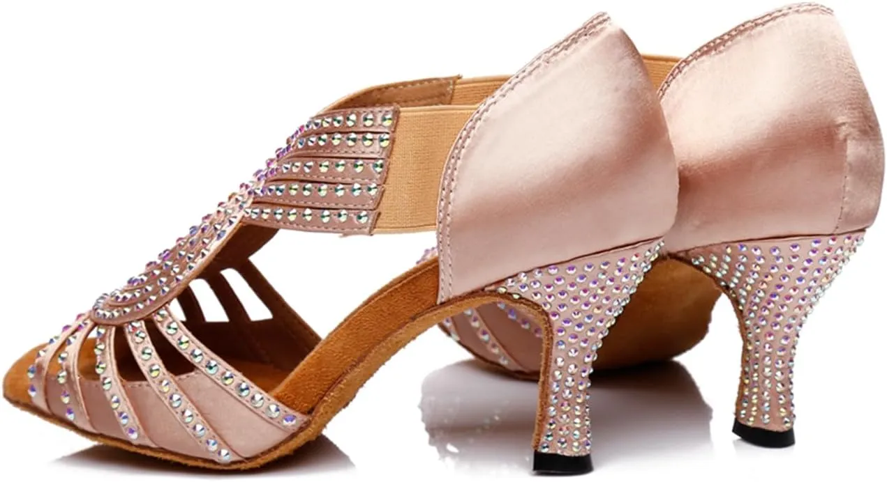 Women's Rhinestones Open Toe Elasticated Slip on Style Ballroom Tango Party Wedding Practice Performence Dance Shoes