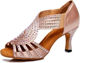 Women's Rhinestones Open Toe Elasticated Slip on Style Ballroom Tango Party Wedding Practice Performence Dance Shoes